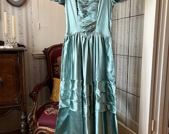 Vintage bridesmaid dress, satin gown (C490), handmade seafoam green satin bridesmaid dress, gown, full length dress with hat and gloves