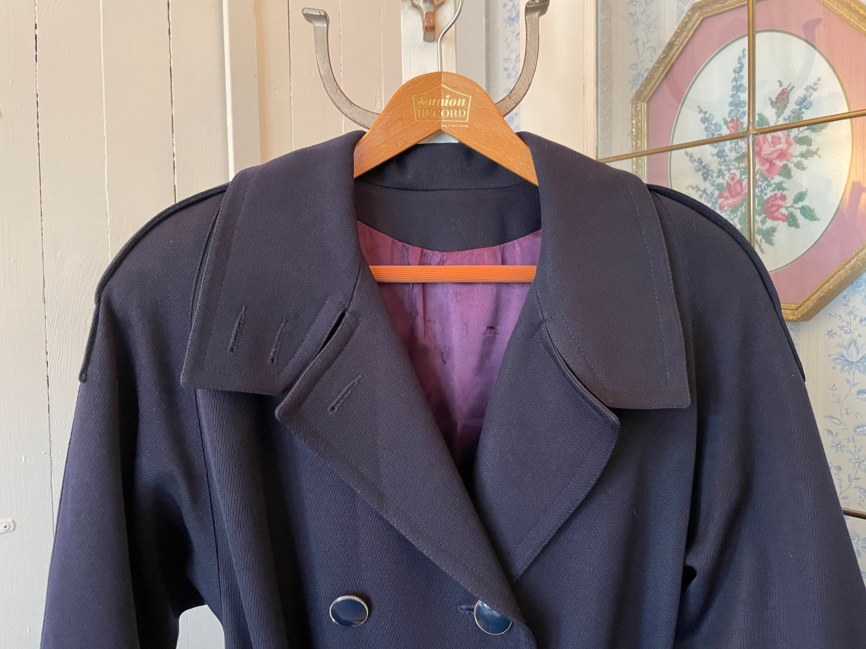 Vintage Navy Blue Coat, Long Wool Trench Coat (B890), Dark