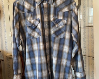 Vintage blue plaid shirt, blue plaid western button down, top (C395), Western Craft blue and beige plaid shirt, button down, top