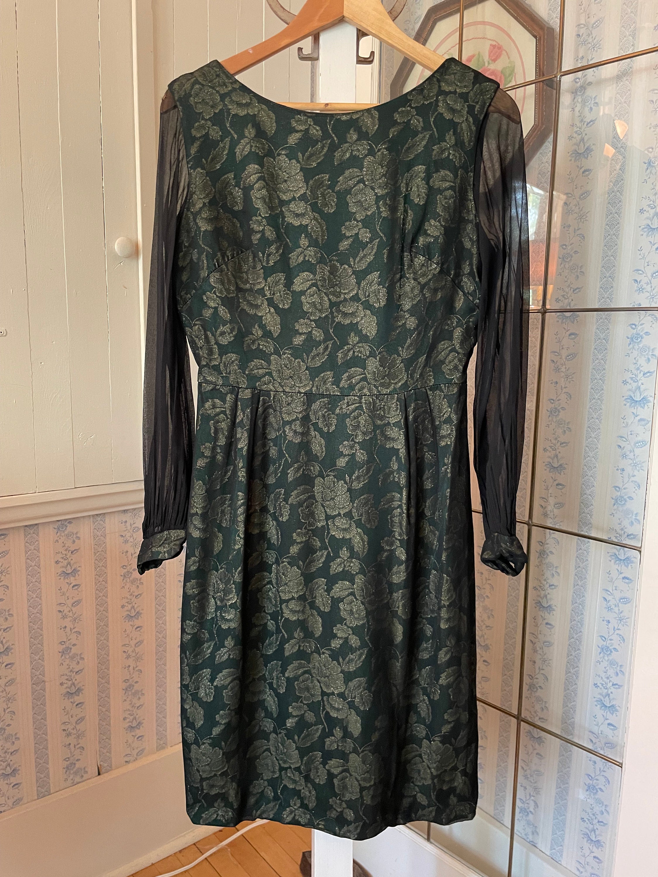 Vintage Green Dress, Green and Black Formal Dress (C126), Green and Gold  Floral Print Dress With Sheer Black Overlay, Fancy Dress - Etsy