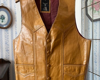 Vintage leather vest, tan brown leather waistcoat (C622), light caramel brown leather vest, waistcoat, tan western vest