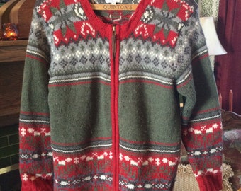 Vintage pure wool sweater, cardigan (A905), red, green, grey and white Danish knit