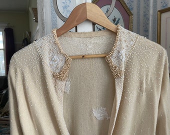 Vintage knit beaded short sweater, cardigan (B271), cream, off white