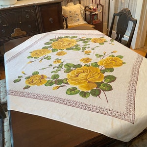 Vintage linen tablecloth, white linen tablecloth (B508), tablecloth with yellow roses