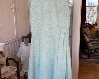 Vintage sleeveless A-line dress (B251), mint green and white with metallic silver threads