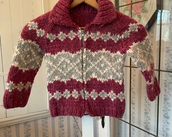 Vintage kids' sweater, handmade wool cardigan (C189), plum grey off white Cowichan style sweater, handmade wool sweater, hand knit cardigan