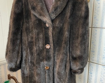 Vintage brown coat, brown faux fur coat (B855), dark brown Sears faux fur coat, winter coat, warm coat