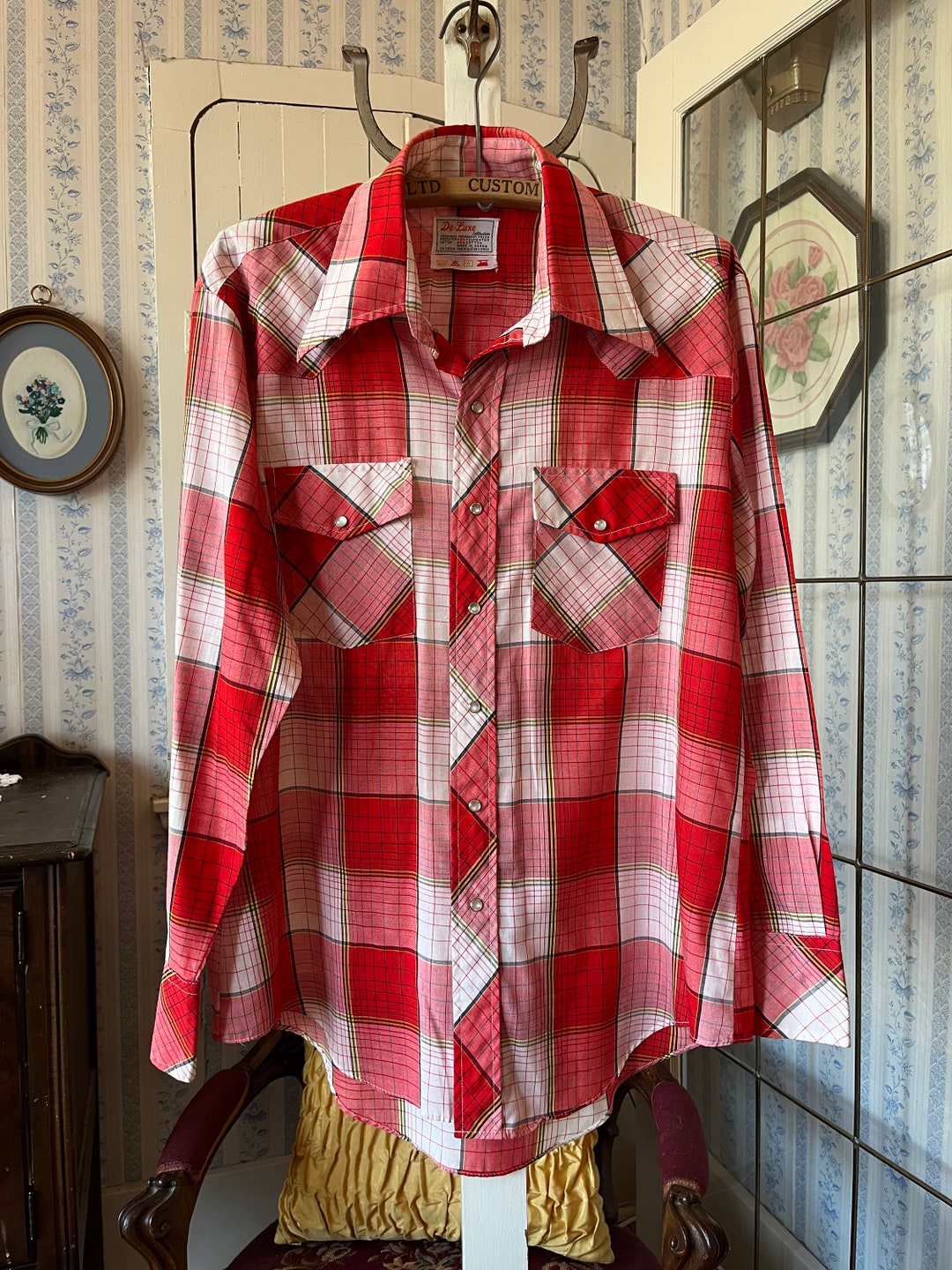 トップス WofG Logo plaid pattern Tee Men's Cotton T-Shirt -Red Buffalo Check Plaid Tartan Pattern