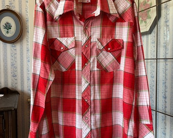 Vintage red plaid shirt, red and white button down top (C687), western style red and white plaid shirt, top with mother of pearl snaps