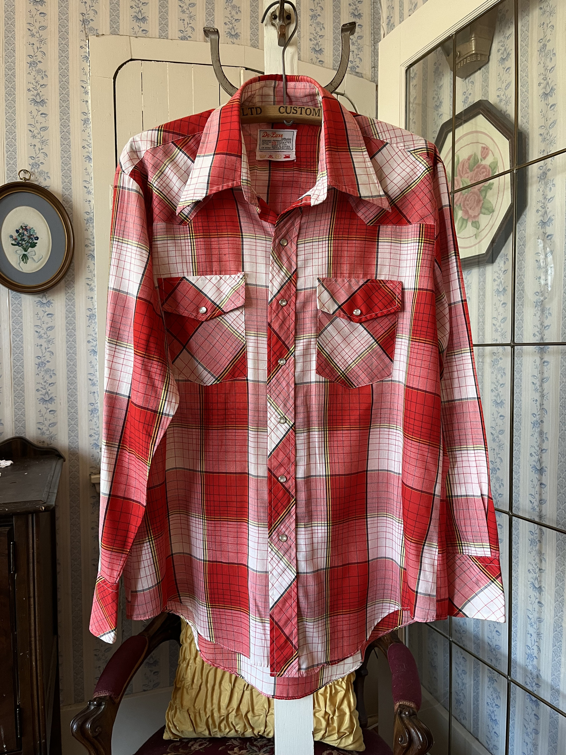 Vintage Red Plaid Shirt, Red and White Button Down Top (C687
