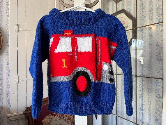 Vintage kids handmade sweater blue and red pullover C596 hand knit blue wool sweater with red fire truck handmade pullover