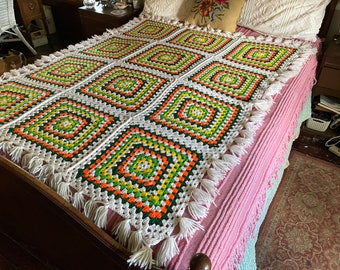 Vintage handmade blanket, throw (B573), orange green yellow white hand crocheted granny square blanket, throw