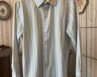 chemise rayée bleue vintage, chemise habillée bleu clair et vert (C372), chemise boutonnée rayée bleu blanc vert, haut, chemise habillée rayée