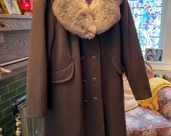Vintage brown wool women's long coat (B117) with brown rabbit fur collar