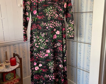 Vintage maxi dress, long black floral print dress (B815), black long dress, maxi dress with red pink and green floral pattern