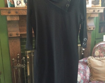 Vintage black dress (A976) with asymmetrical collar and button detail