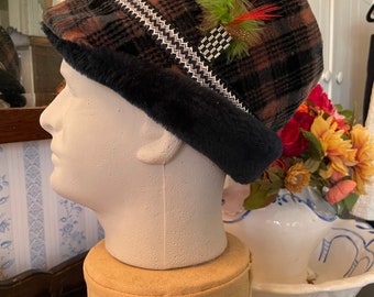 Vintage winter hat, alpine hat, cap (B649), rust black green plaid winter hat, alpine hat with ear flaps