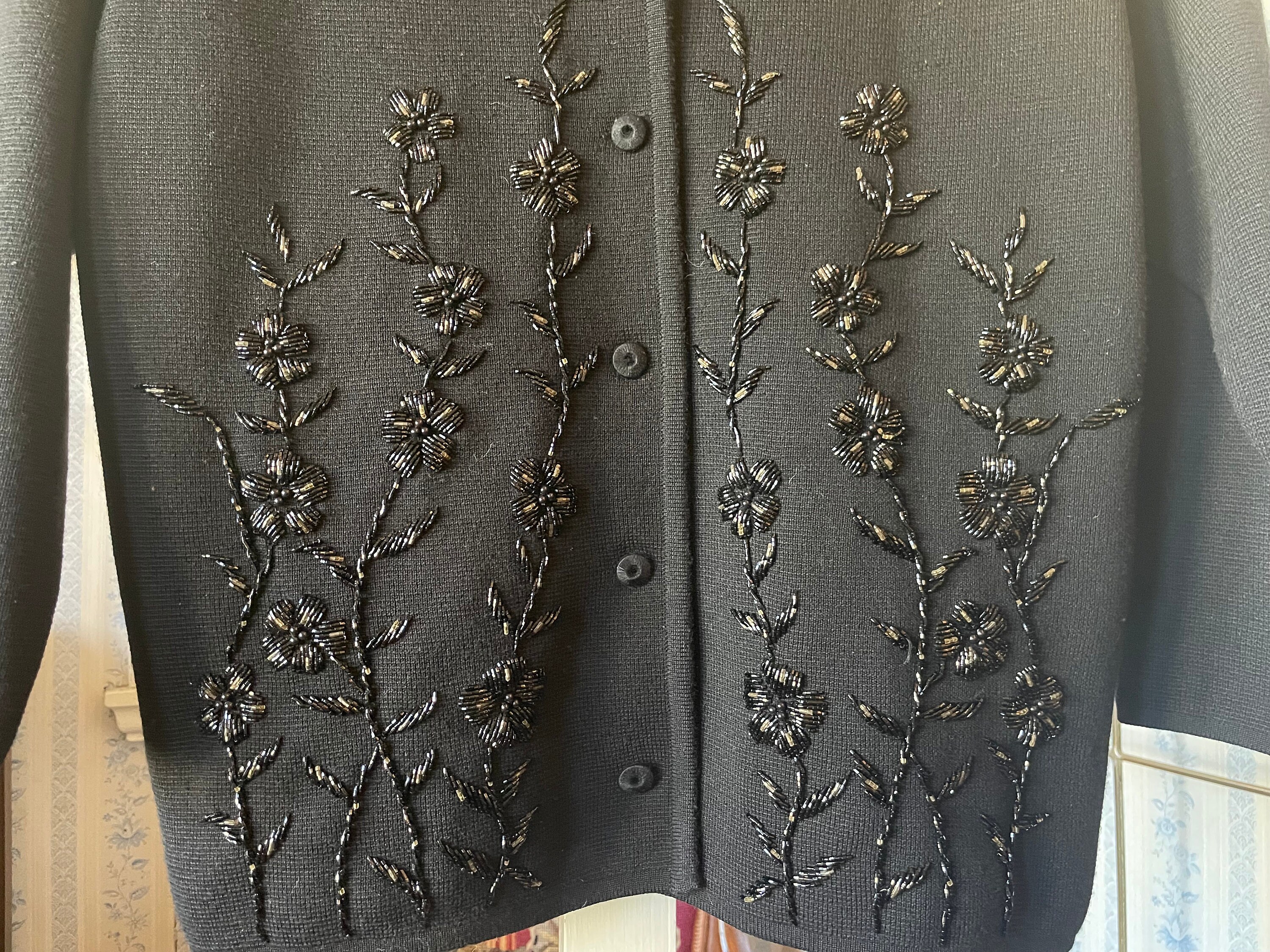 Vintage Beaded Sweater, Black Beaded Cardigan (C299), Black