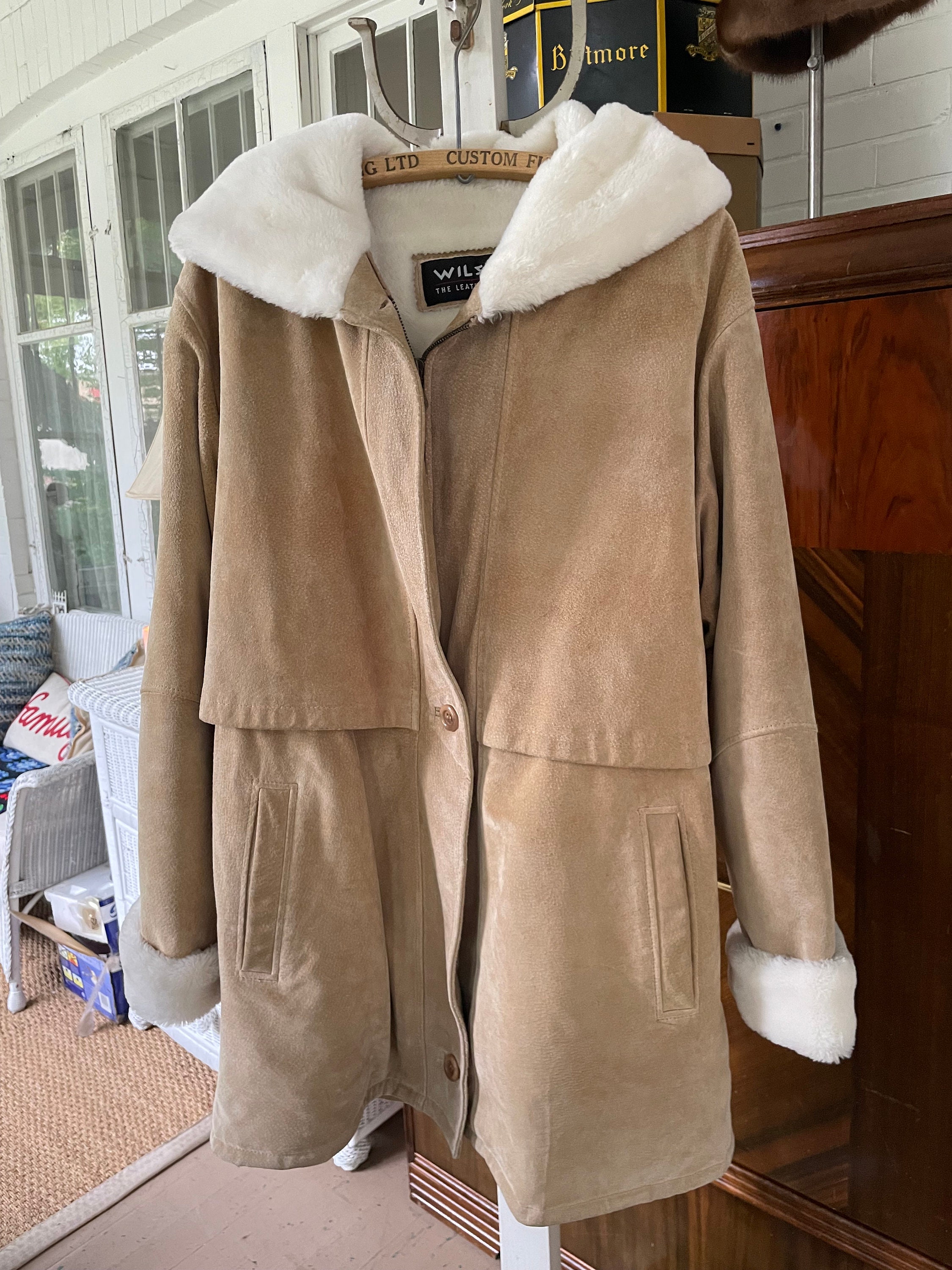 Vintage Neutral Beige Suede Leather Jacket, Coat (B428) With Vintage Neutral Beige Suede Leather Jacket, Coat (B428) With