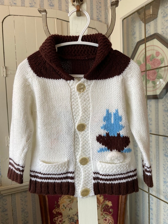 Vintage kids' sweater, children's white and brown… - image 1