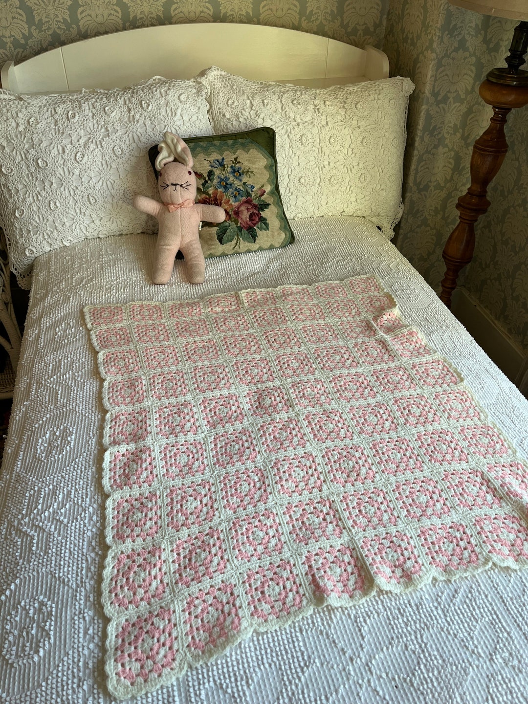 Vintage Handmade Baby Blanket, Hand Crocheted Pink and White