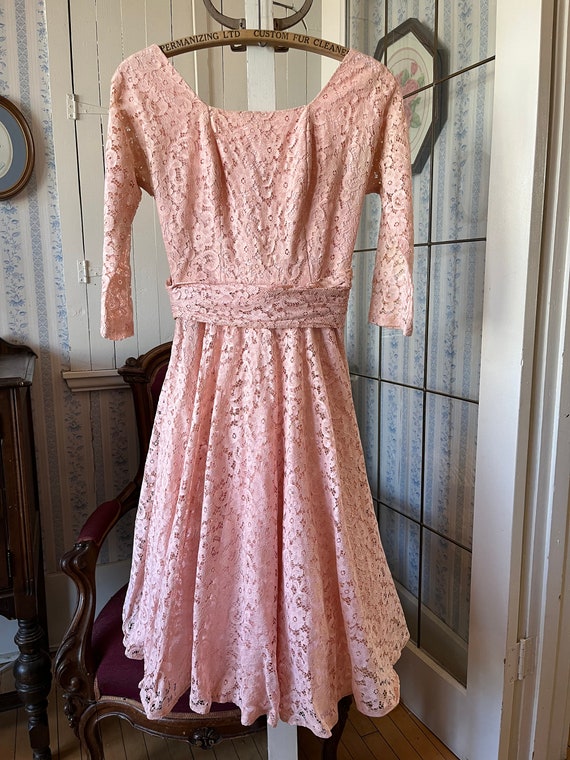 Vintage pink lace dress, peach pink cocktail dress