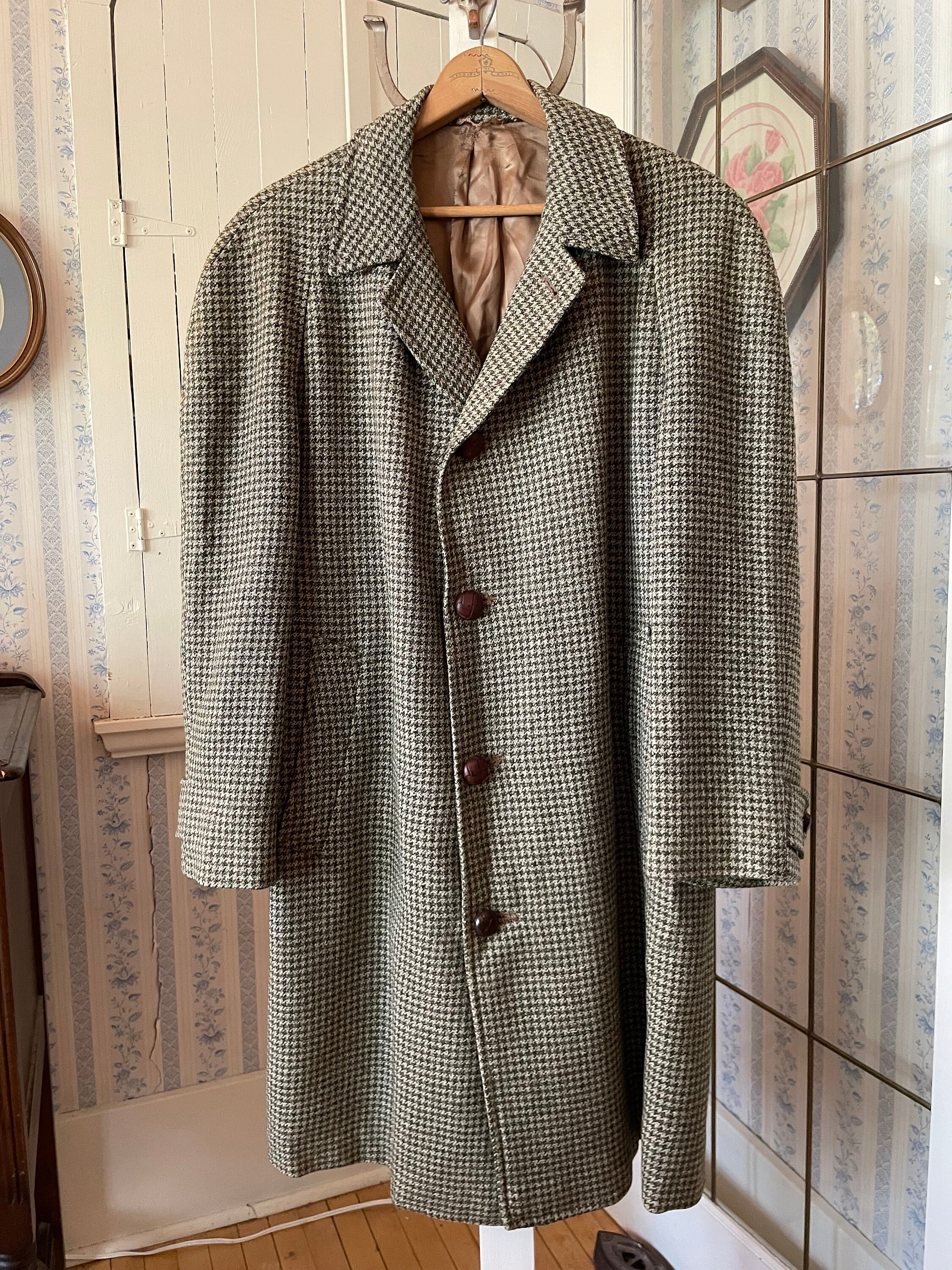 Vintage wool coat, grey and brown checked overcoat (C198), grey brown black white checked overcoat, winter coat, warm wool coat