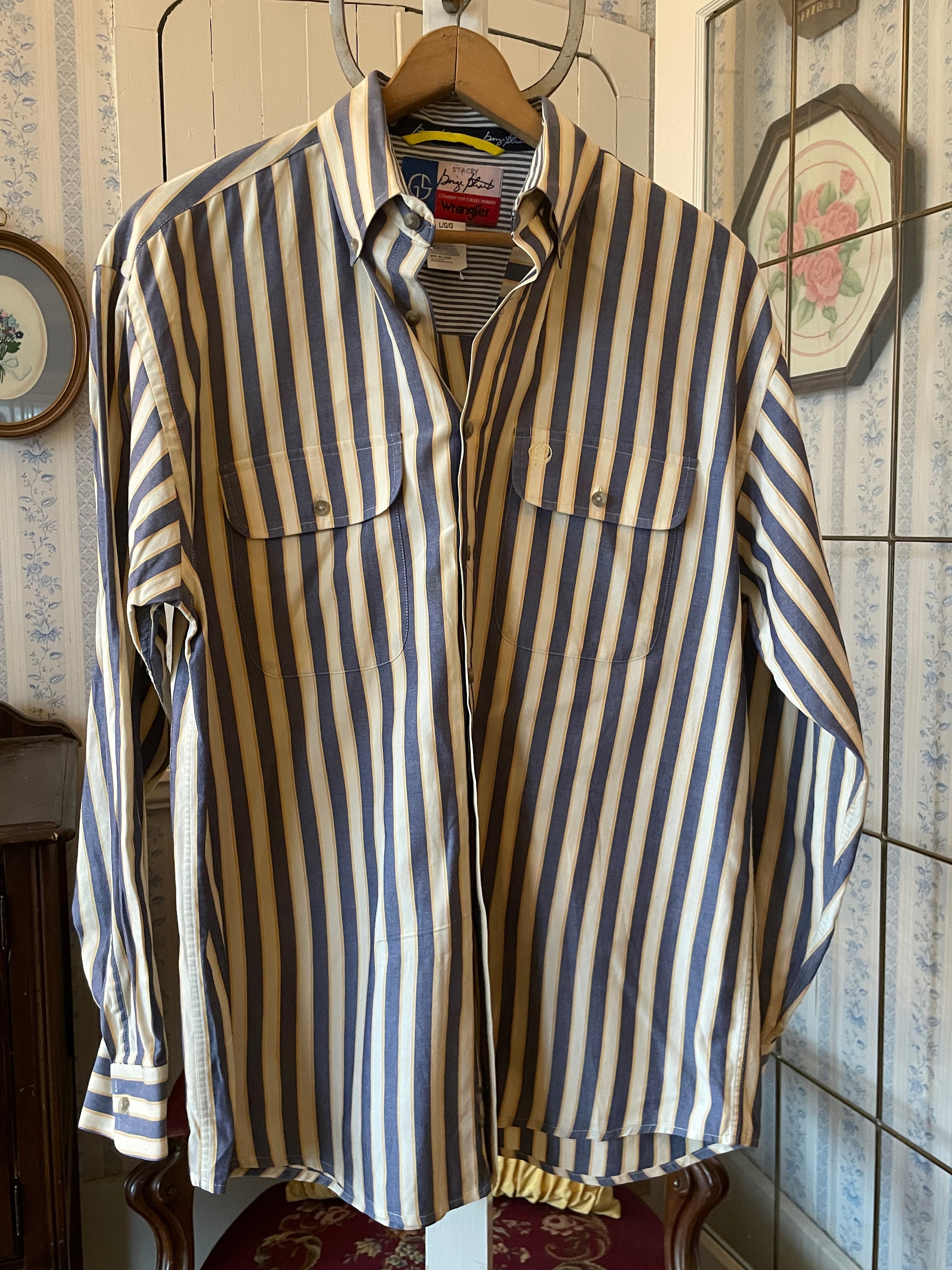 Button Down Striped Field Shirt【USED】 Vintage Blue Striped Shirt, Blue and Yellow Button Down