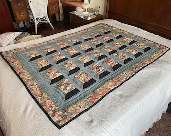 Vintage patchwork quilt, handmade quilt (B472), blue, green and black cotton with Victorian motifs