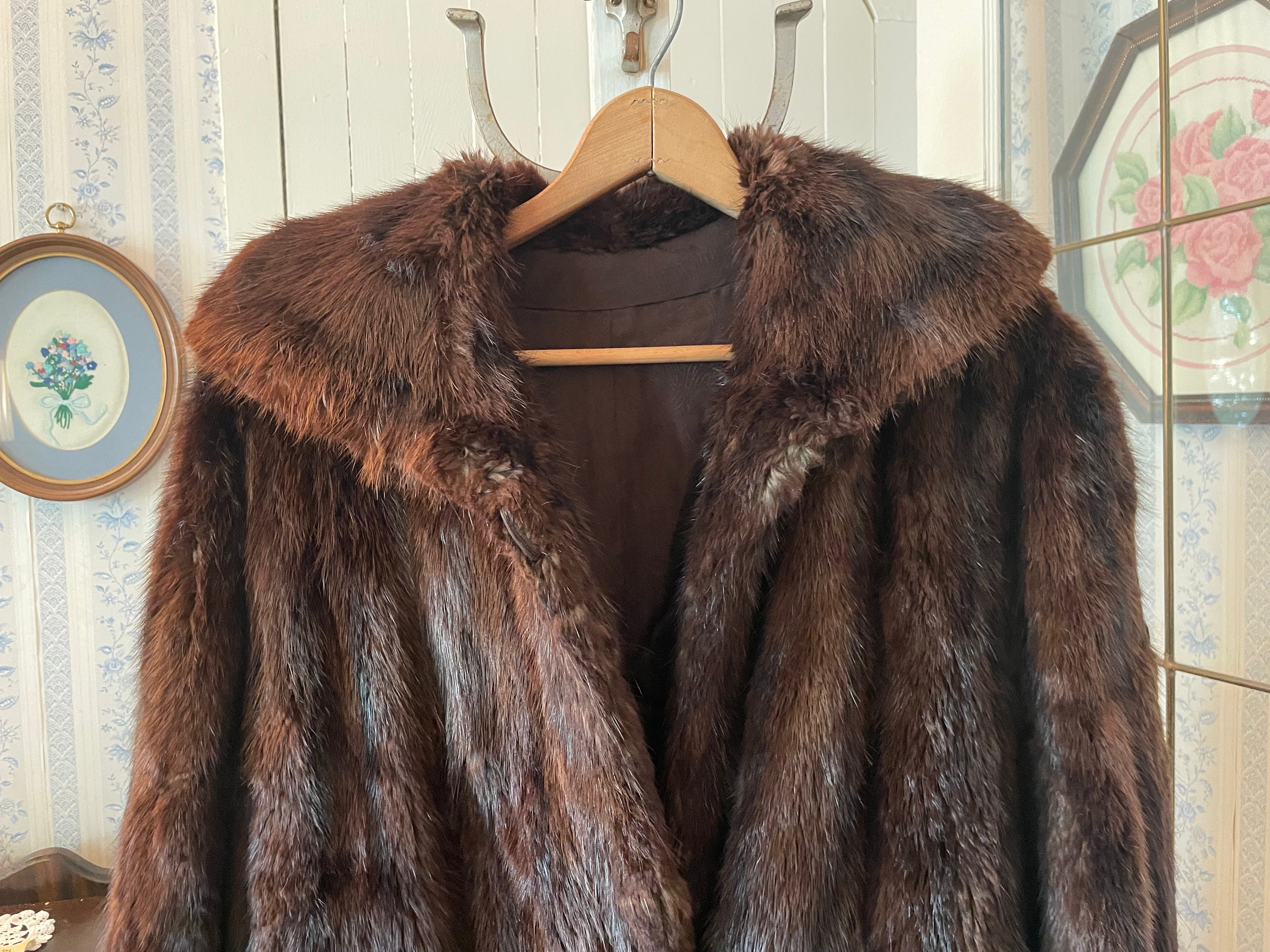Vintage Mink Fur Coat, Dark Brown Overcoat (C038), Glossy
