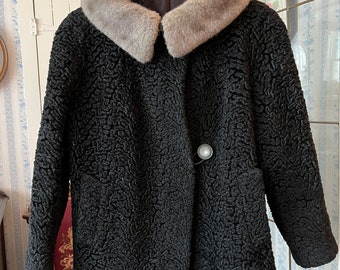 manteau en fausse fourrure noire vintage, veste en faux agneau persan (C436), veste courte en faux agneau persan noir, veste courte, manteau court