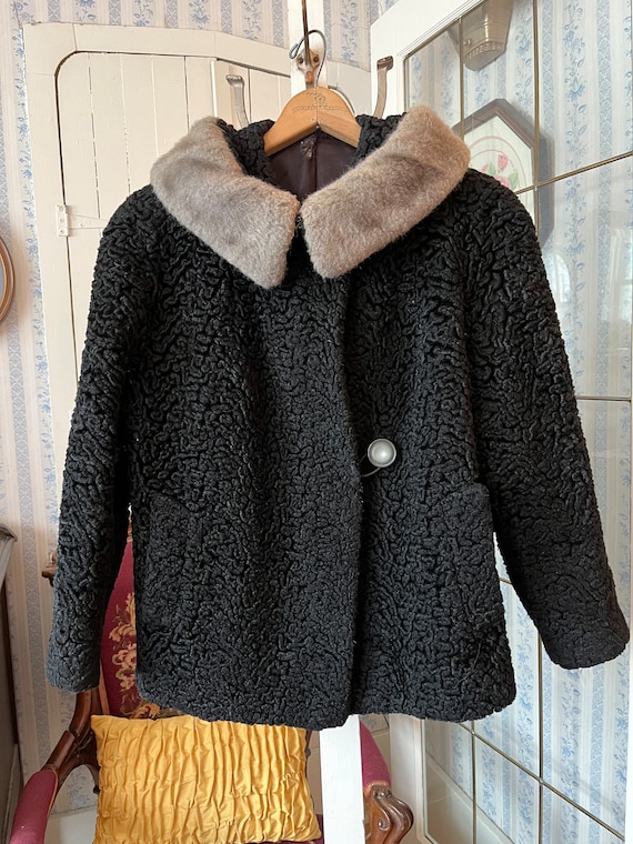 Vintage black faux fur coat, faux Persian lamb ja… - image 1