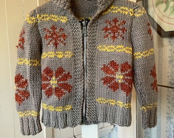 Vintage kids' wool sweater / handmade Cowichan style sweater / (C253) / grey wool Cowichan style cardigan / wool sweater / hand knit sweater