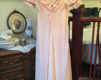 Vintage pale peach pink nightgown and robe (B069), two piece lingerie with cross stitch trim