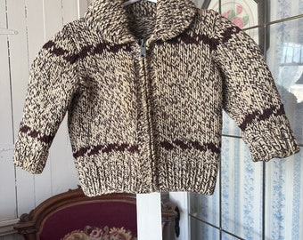 Vintage kids' handmade wool sweater, brown Cowichan style cardigan (C614), hand knit beige and brown Cowichan style sweater, wool cardigan