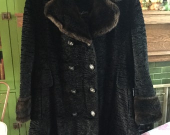 Vintage black coat, jacket (A842), faux Persian lamb with brown faux fur trim