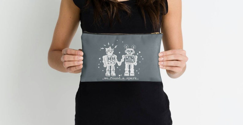 robot print quote travel wash bag grey and white toiletries bag- grey makeup bag We Found A Spark Robots in love hearts makeup bag