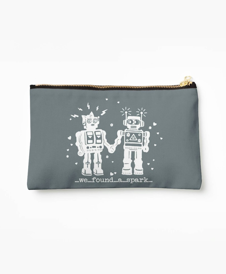 robot print quote travel wash bag grey and white toiletries bag- grey makeup bag We Found A Spark Robots in love hearts makeup bag