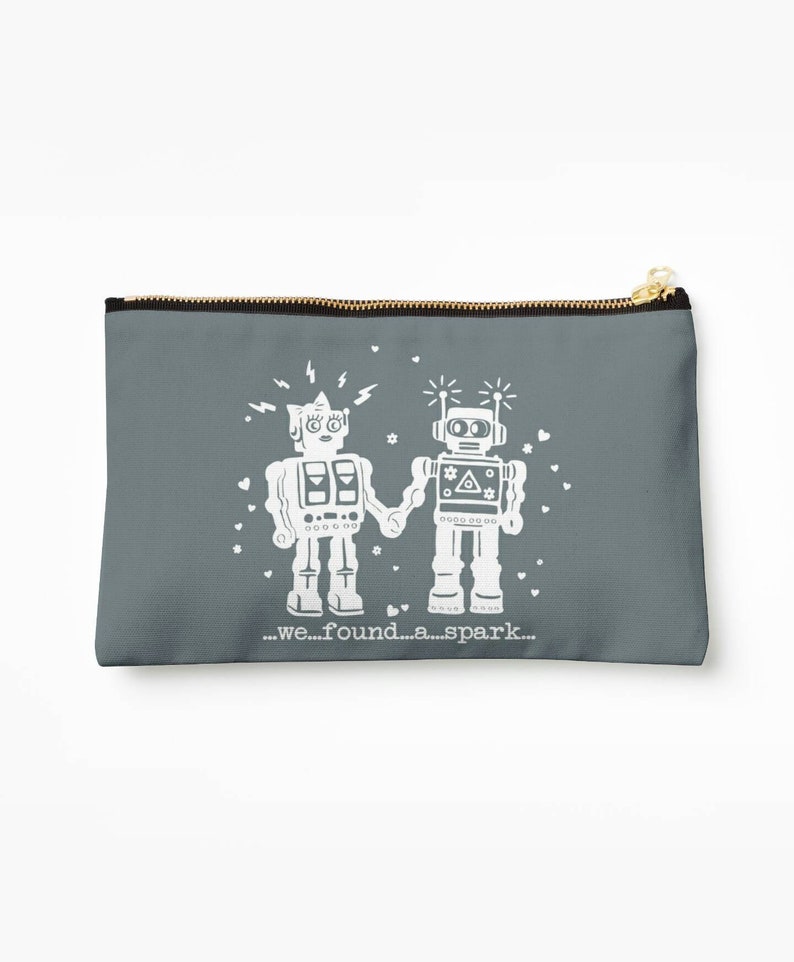 robot print quote travel wash bag grey and white toiletries bag- grey makeup bag We Found A Spark Robots in love hearts makeup bag