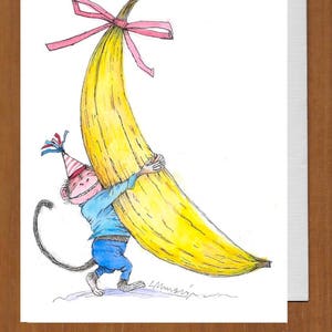 May include: A cartoon monkey wearing a party hat and blue overalls hugs a large yellow banana with a pink bow. The banana is bigger than the monkey.