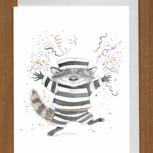 40) Raccoon in Prison Garb Congratulations Card -- Con • gratulations!