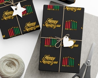 Kwanzaa Gift Wrapping Paper, Holiday Gift Wrap for Kwanzaa, African American Holiday Wrapping Paper for Gifts, Black and Gold Gift Wrap Roll