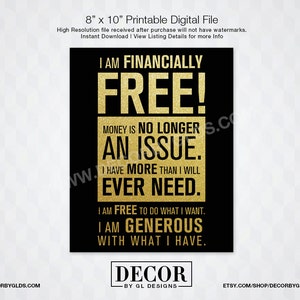 Inspirational Affirmation Sign. &quot;I am financially free!&quot; Printable 8x10 Black & Gold glitter Sign. Financial Freedom. Motivation. Wall Decor