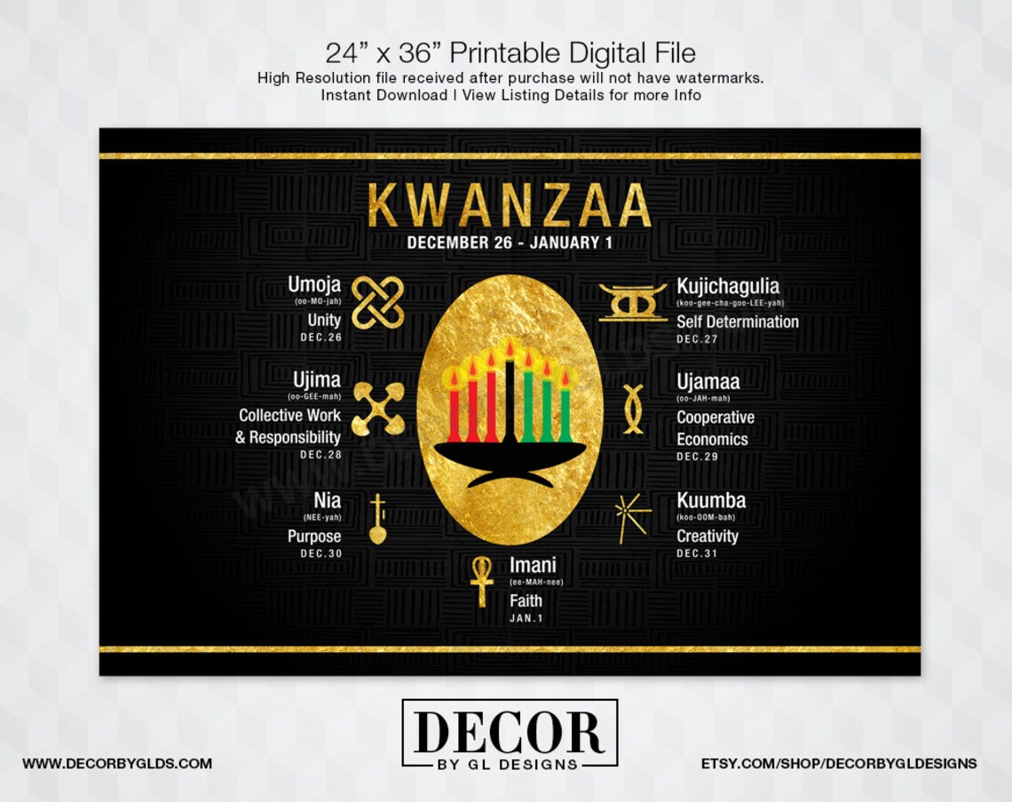 Kwanzaa Sign / Kwanzaa Decorations. Printable 24x36 Black &amp; Gold Kwanzaa Principles Poster ...