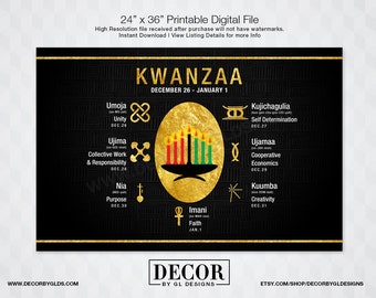 Kwanzaa Sign / Kwanzaa Decorations. Printable 24x36 Black & Gold Kwanzaa Principles Poster. Nguzo Saba. Instant Download Holiday Decor Signs