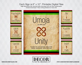 Kwanzaa Principles 8x10. Kwanzaa Decorations. Nguzo Saba, Adinkra Symbols. Printable Red, Black & Green Holiday Signs Pack. Instant Download