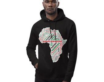 Kwanzaa Unisex pullover hoodie with Africa Word Art. Red, Black & Green