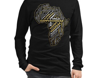 Kwanzaa Unisex Long Sleeve Tee with Africa Word Art. Black & Gold