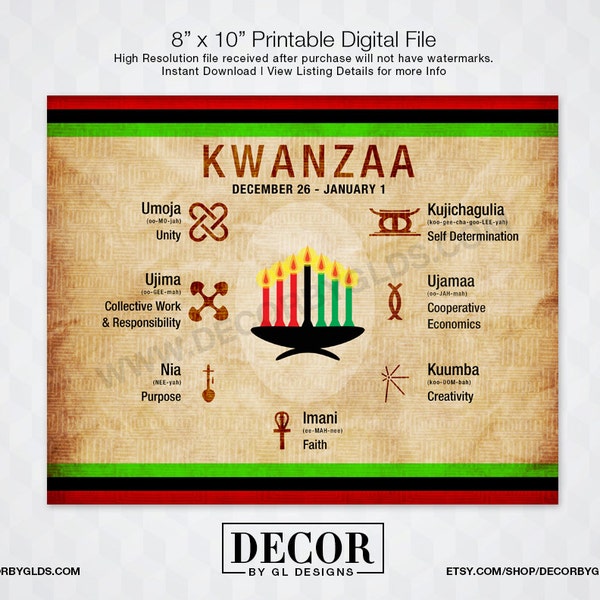 Signo Kwanzaa / Decoraciones Kwanzaa. Signo imprimible de principios Kwanzaa rojo, negro y verde, Nguzo Saba, símbolo Adinkra, letreros de decoración navideña