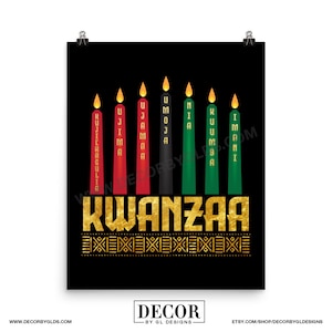 Kwanzaa Poster. Matte Paper Poster featuring the 7 Kwanzaa Principles, Kinara & Candles. Choose from 3 sizes.